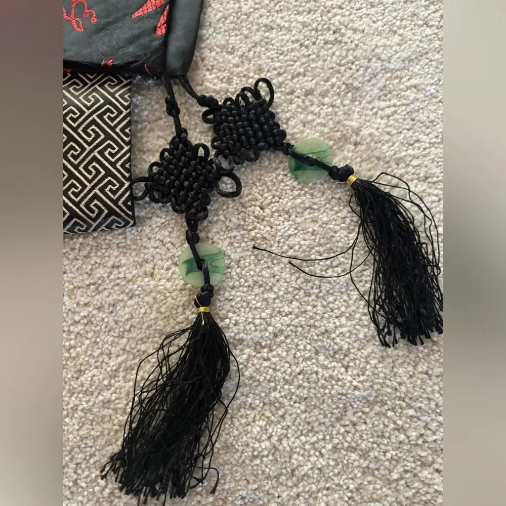 Black Red Chinese Silk Satin Brocade With Two Tassels Table Runner